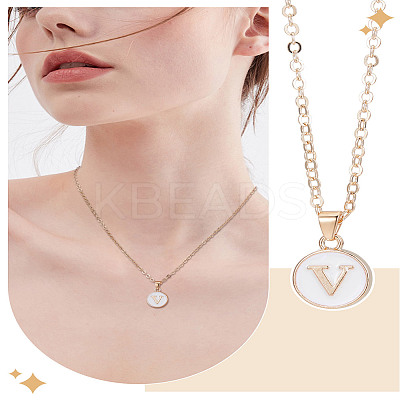 1Pc Zinc Alloy White Enamel Round with Letter Pendant Necklaces NJEW-LP0002-88G-V-1