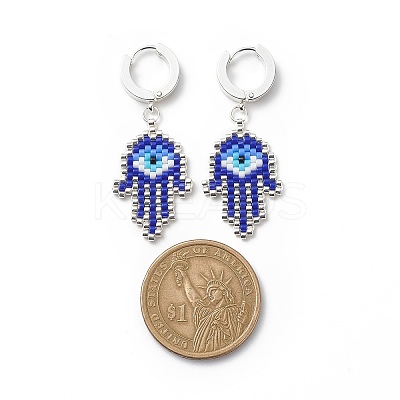 Glass Seed Braided Hamsa Hand with Evil Eye Dangle Hoop Earrings EJEW-MZ00008-1