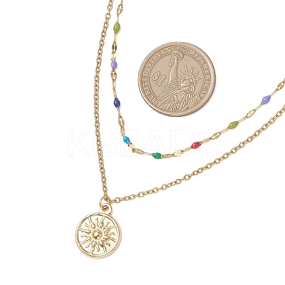 2Pcs 2 Styles 304 Stainless Steel Moon Sun Pendant Colorful Enamel Cable Chain Double Layer Necklaces for Women NJEW-JN05809-1
