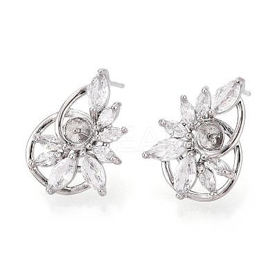 Flower Brass Micro Pave Clear Cubic Zirconia Stud Earrings Findings for Half Drilled Beads KK-T071-07P-1