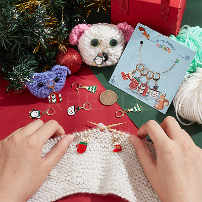 Alloy Enamel Tree & Gifts Box & Penguin & Snowman & Stocking & Glove Pendant Locking Stitch Markers HJEW-AB00066-1