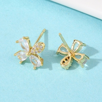 Flower Brass Micro Pave Clear Cubic Zirconia Stud Earrings EJEW-F400-01A-G-1