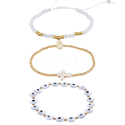 3Pcs 3 Style Rosary Bracelets Set with Virgin Mary Charm BJEW-AR0001-04-1