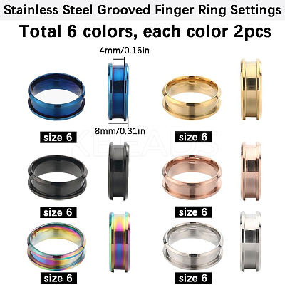 12Pcs 6 Colors 201 Stainless Steel Grooved Finger Ring Settings RJEW-SC0001-01A-1
