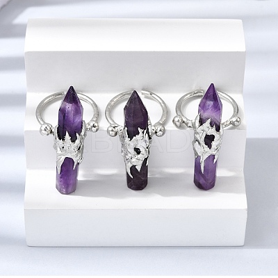 Natural Amethyst & Brass Cuff Rings for Women RJEW-G374-01P-12-1