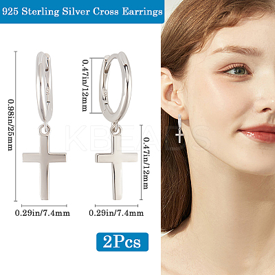 1 Pair Cross Rhodium Plated 925 Sterling Silver Dangle Hoop Earrings for Women EJEW-BBC0001-53-1