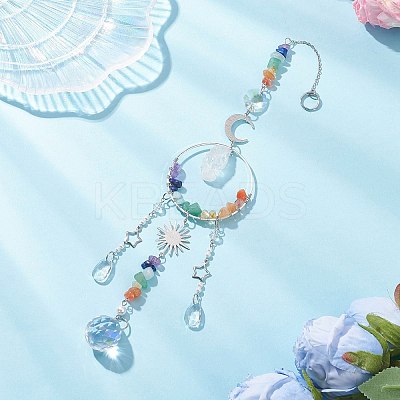 Natural Quartz Crystal Nuggets & Glass Teardrop Hanging Suncatchers HJEW-JM04486-1