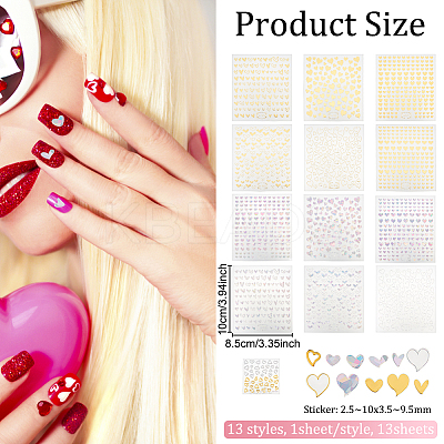 13 Sheets 13 Style 3D Bronzing/Laser Heart Pattern Nail Art Sticker DIY-OC0010-90-1