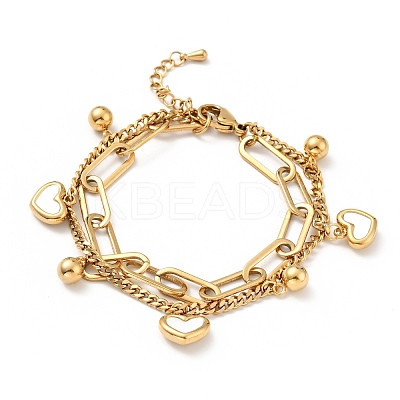 Shell Heart and Round Ball Charm Multi-strand Bracelet BJEW-G639-12G-1