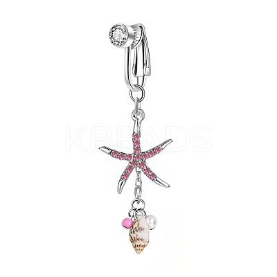 304 Stainless Steel Pave Cubic Zirconia & Plastic Pearl & Natural Shell Starfish Dangle Clip on Belly Rings FS-WG69EA3-02-1
