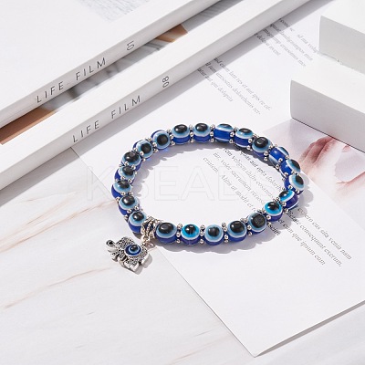 Resin Evil Eye Beaded Stretch Bracelet with Alloy Charm for Men Women BJEW-JB08216-1