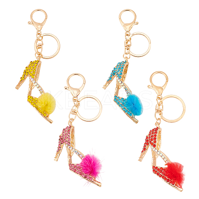 4Pcs 4 Colors Fur Ball High Heels Shoes Rhinestones Pendant Keychain KEYC-GA0001-28-1