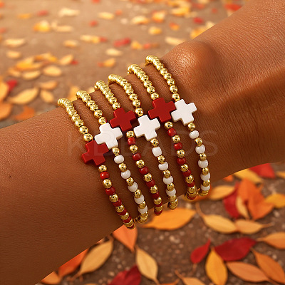 6Pcs Brass Round Beads Stretch Bracelets TI2646-1-1