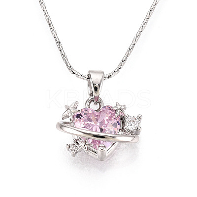 Brass Cubic Zirconia Heart Planet Pendant 304 Stainless Steel Chain Necklaces NJEW-T018-06P-1