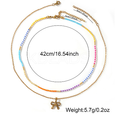 304 Stainless Steel Pendant Colorful Glass Beaded Double Layer Necklaces for Daily Wear WG8061-2-1