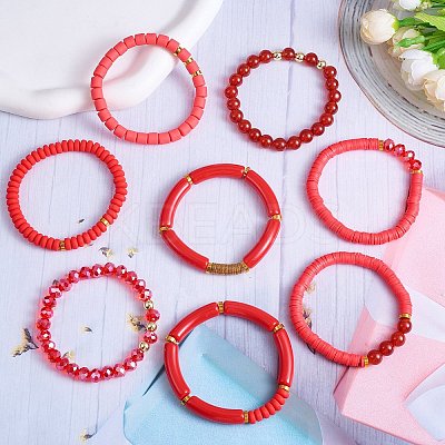 8Pcs 8 Style Natural Red Agate & Glass & Polymer Clay Heishi Surfer Stretch Bracelets Set BJEW-SW00083-1