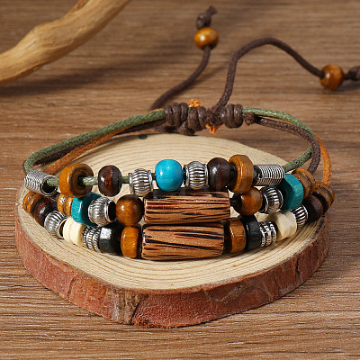 Wood & Alloy & Wax Cord Beaded Necklace & Braided Bead Style Bracelets Sets FS-WG2541A-01-1