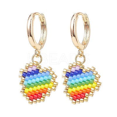 Rainbow Color Japanese Seed Braided Heart Dangle Hoop Earrings EJEW-MZ00004-1