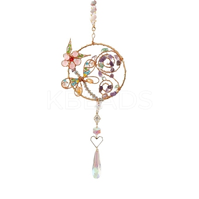 Wire Wrapped Natural Gemstone Beads & Metal Dragonfly Hanging Ornaments PW-WG454D0-01-1