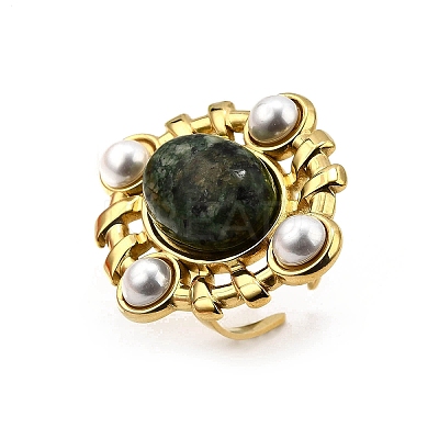 304 Stainless Steel with Natural Gemstone and Plastic Imitation Pearl Adjustable Cuff Rings for Women RJEW-Z096-02G-02-1