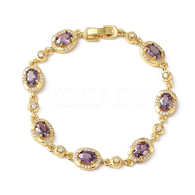 Oval Brass Micro Pave Cubic Zirconia Link Chain Bracelets for Women BJEW-D387-04G-1