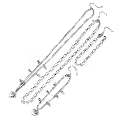 Heart 304 Stainless Steel Double Necklaces & Bracelets Sets for Women SJEW-F226-03P-1