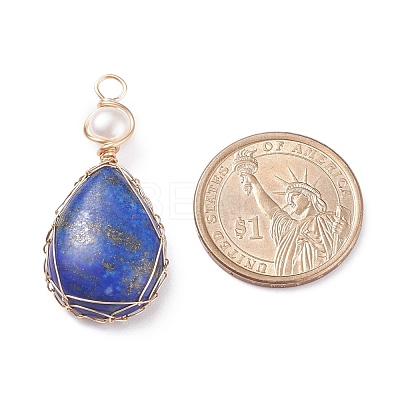 Natural Lapis Lazuli Copper Wire Wrapped Pendants PALLOY-JF01398-01-1