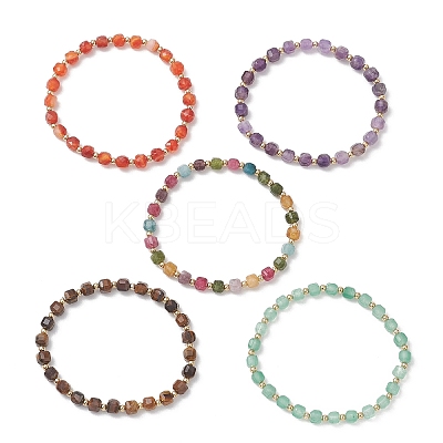 Natural Gemstone Cube & Stainless Steel Beads Stretch Bracelets for Women BJEW-JB13348-1