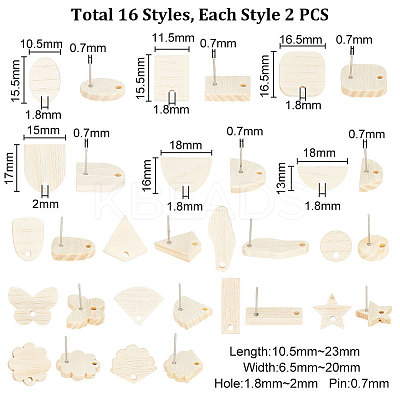 32Pcs 16 Style Oval & Rectangle & Fan & Butterfly Natural Ash Wood Stud Earring Findings EJEW-UN0002-29-1