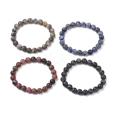 4Pcs Constellation 8mm Round Natural Larvikite & Blue Spot Jasper & Rhodonite & Picasso Jasper Beaded Stretch Bracelets for Women BJEW-JB10639-1