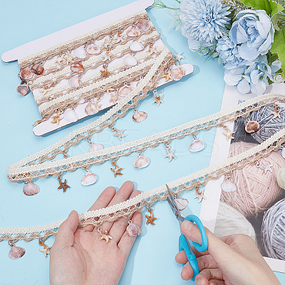 4 Yards Cotton Thread & Linen & Shell Beaded Trim Ribbon OCOR-DR0001-25-1