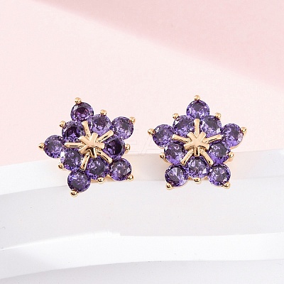 Flower Brass Micro Pave Cubic Zirconia Stud Earrings for Women EJEW-G428-28B-03-1