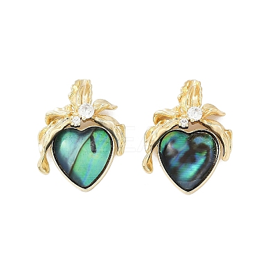 Heart Brass Abalone Shell & Clear Cubic Zirconia Stud Earrings KK-D301-09G-1