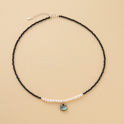 Cute Cat Head Pendant Silver Black Tourmaline Freshwater Pearl Necklace MQ9984-1