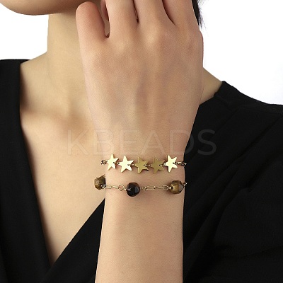 Ion Plating(IP) 304 Stainless Steel Star Link Chains Double Layer Multi-strand Bracelet BJEW-K238-08G-1