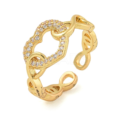 Heart Brass Micro Pave Clear Cubic Zirconia Hollow Open Cuff Rings for Women RJEW-M016-04G-1