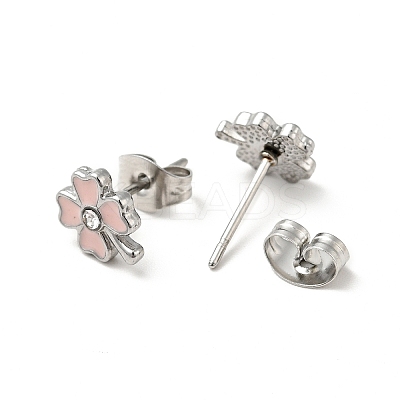 Enamel Clover with Crystal Rhinestone Stud Earrings with 316 Surgical Stainless Steel Pins EJEW-A081-12P-01-1