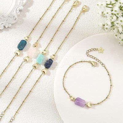 Natural Mixed Stone Rectangle & Moon Star Brass Beaded Bracelets BJEW-JB14231-1