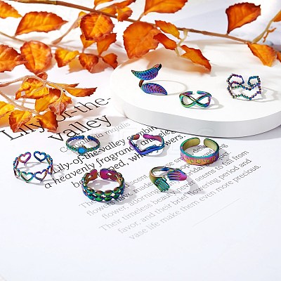 9Pcs 9 Style 304 Stainless Steel Hand & Infinite & Heart & Moon Cuff Rings RJEW-SZ0001-19-1