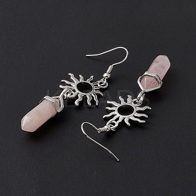 Natural Rose Quartz Bullet with Sun Dangle Earrings EJEW-I276-01P-19-1