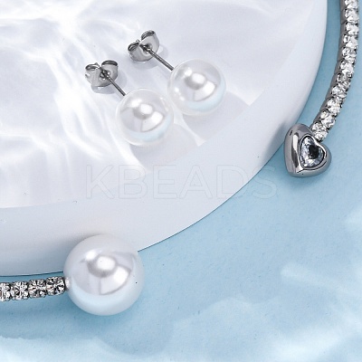 Round Plastic Imitation Pearl Stud Earrings & Heart Cubic Zirconia Rhinestone Cuff Choker Necklaces Sets SJEW-U003-08P-1