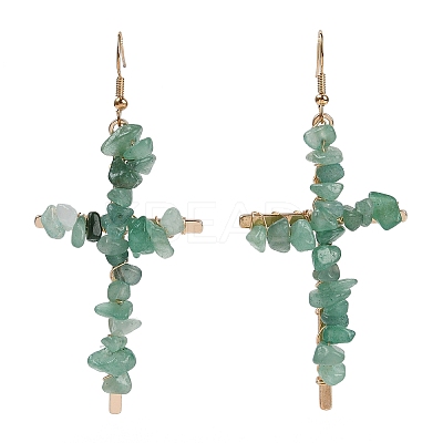 Natural Aventurine Cross Dangle Earrings EJEW-Z071-01G-02-1