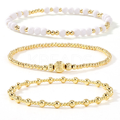 3Pcs Glass & Brass Round Beads Stretch Bracelets HD9470-2-1