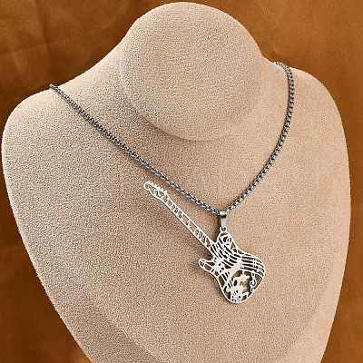 201 Stainless Steel Hollow Guitar Pendant Box Chain Necklaces NJEW-M086-03P-1