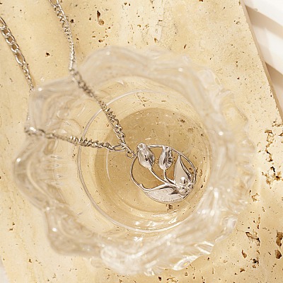 Non-Tarnish Oval with Flower 304 Stainless Steel Pendant Necklace with Cuban Link Chains YS0902-2-1