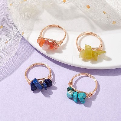 4Pcs 4 Style Natural & Synthetic Mixed Gemstone Chips Braided Bead Finger Rings RJEW-TA00111-1