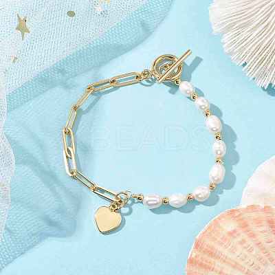 Natural Cultured Freshwater Pearl Beads Paperclip Chains Heart Charm Bracelets with Toggle Clasps for Women BJEW-JB10193-1
