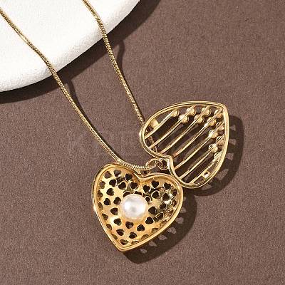 304 Stainless Steel with Acrylic Imitation Pearl Heart Pendant Necklaces for Women NJEW-B151-01G-1