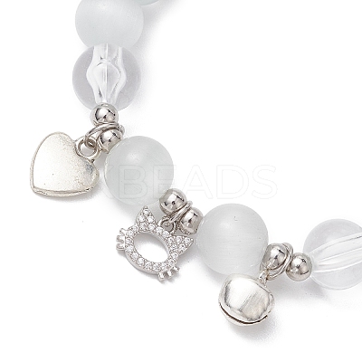 Cat & Bell & Heart Brass Charm Bracelets BJEW-JB10484-02-1