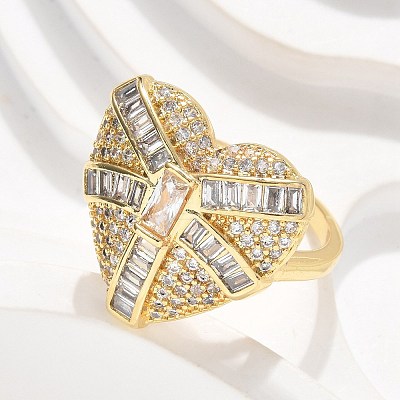 Brass Micro Pave Clear Cubic Zirconia Cuff Rings for Women RJEW-C126-03G-1